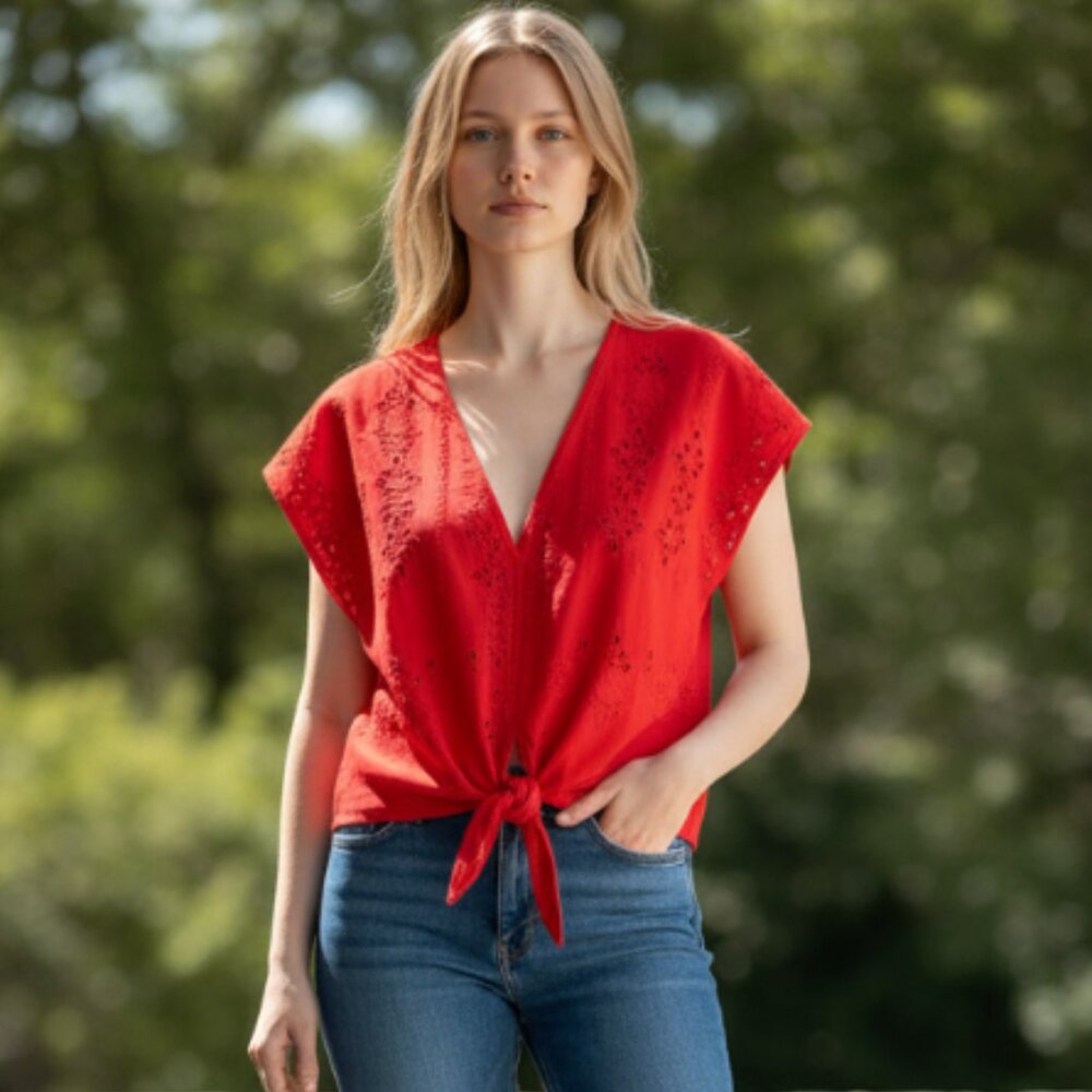 Zara Bright Red Eyelet Tie-Front Blouse